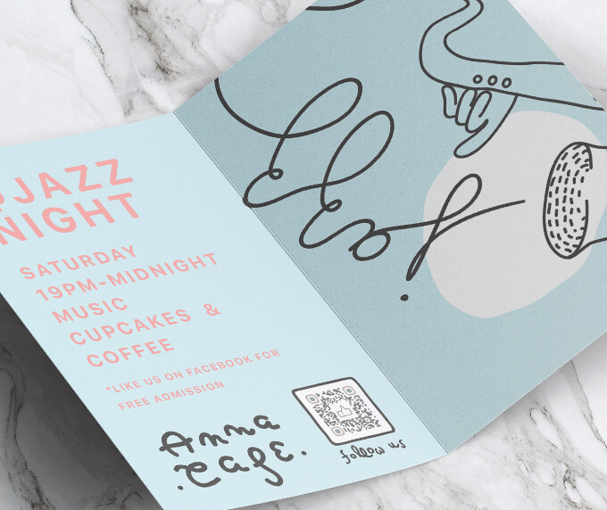 Event brochure from a cafe with a QR Code that leads to its Facebook page to increase likes and followers.