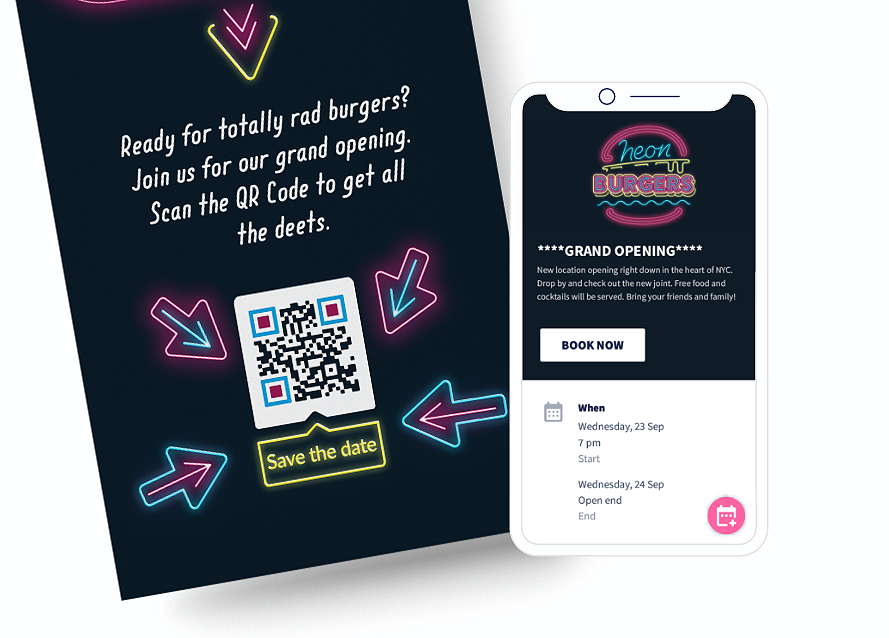 Idee voor een QR-code op een flyer met een landingspagina die gedetailleerde evenementgegevens promoot met een knop om dit op te slaan in de agenda