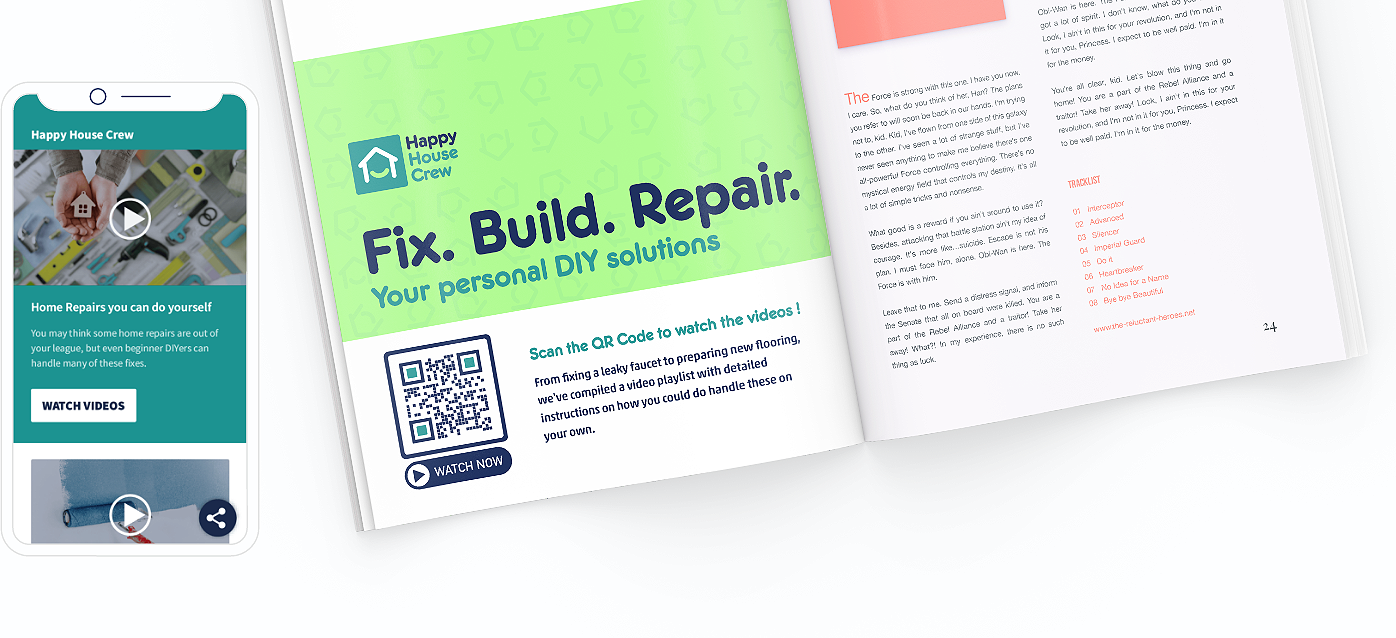 Idee voor een QR-code op een brochure met een landingspagina die meerdere YouTube-video's op één pagina weergeeft