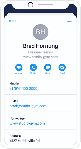 Voorbeeldinhoud van een QR-code voor vCard van een sporttrainer